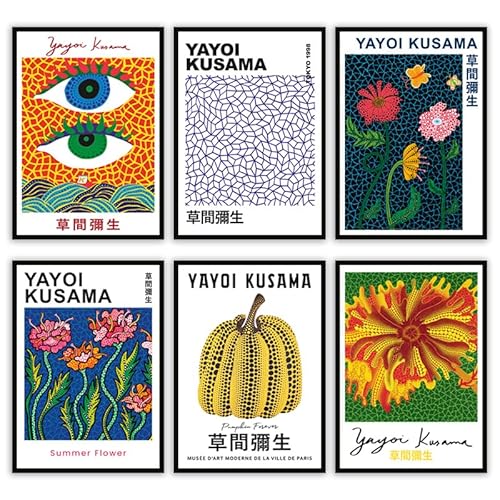 MONOKO® Vintage Poster Set | Yayoi Kusama Retro Kunstdruck | Bilder Wohnzimmer Wandbilder 6x A4 ohne Rahmen von MONOKO