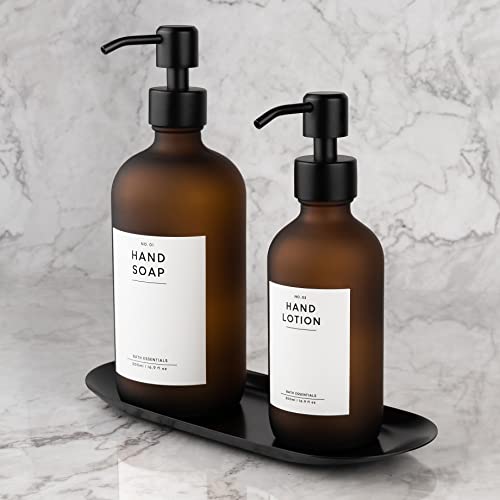 MONOKO 2er Set Seifenspender Braun Matt aus Glas mit Tablett | 500/250ml Spülmittelspender Küche | Flaschen zum Befüllen | Spender Pumpkopf Edelstahl | Pumpflasche + Aufkleber von MONOKO