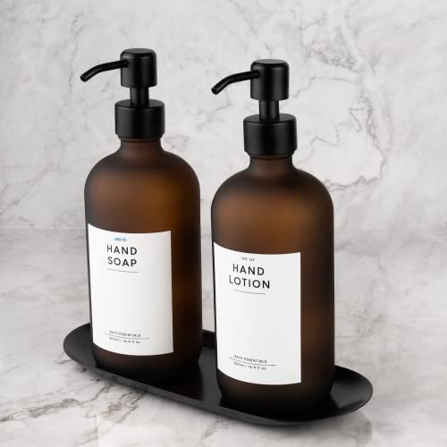 MONOKO 2er Set Seifenspender Schwarz Matt aus Glas mit Tablett | 500ml Spülmittelspender Küche | Flaschen zum Befüllen | Spender Pumpkopf Edelstahl | Pumpflasche + Aufkleber (Braun 500/500) von Turlte