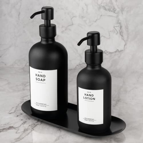 MONOKO 2er Set Seifenspender Schwarz Matt aus Glas mit Tablett | 500/250ml Spülmittelspender Küche | Flaschen zum Befüllen | Spender Pumpkopf Edelstahl | Pumpflasche + Aufkleber von MONOKO