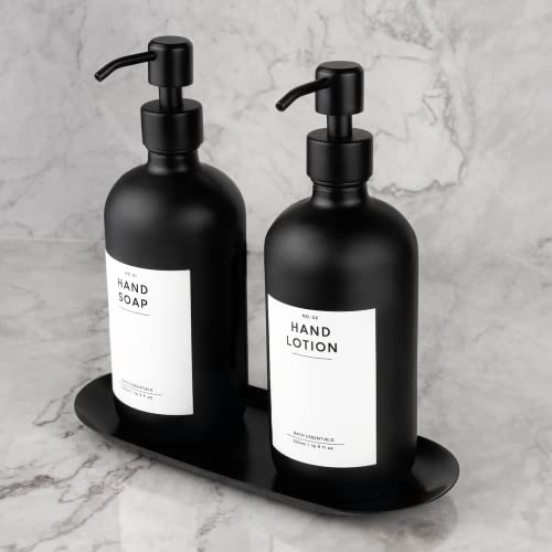 MONOKO 2er Set Seifenspender Schwarz Matt aus Glas mit Tablett | 500ml Spülmittelspender Küche | Flaschen zum Befüllen | Spender Pumpkopf Edelstahl | Pumpflasche + Aufkleber von MONOKO
