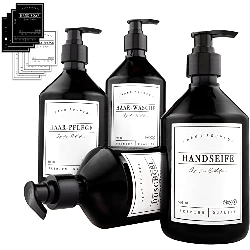 MONOKO 4er Set Kunststoff Seifenspender Schwarz 500ml Flasche - Spülmittelspender Küche - Shampoo Spender zum Befüllen - Pumpspender + Etiketten von MONOKO