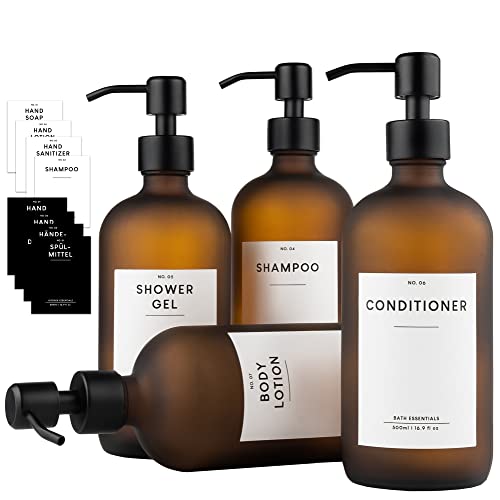 MONOKO 4er Set Seifenspender Braun Matt aus Glas | 500ml Shampoo Flaschen zum Befüllen | Spülmittelspender Küche | Spender Pumpkopf Edelstahl | Pumpflasche + Aufkleber von MONOKO