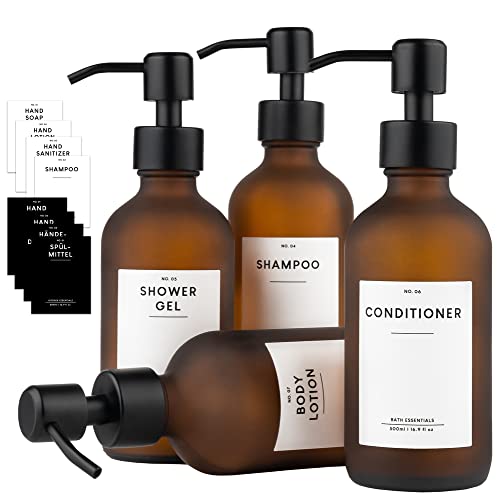 MONOKO 4er Set Seifenspender Braun Matt aus Glas | Shampoo Flaschen zum Befüllen | 250ml Spülmittelspender Küche | Spender Pumpkopf Edelstahl | Pumpflasche + Aufkleber von MONOKO