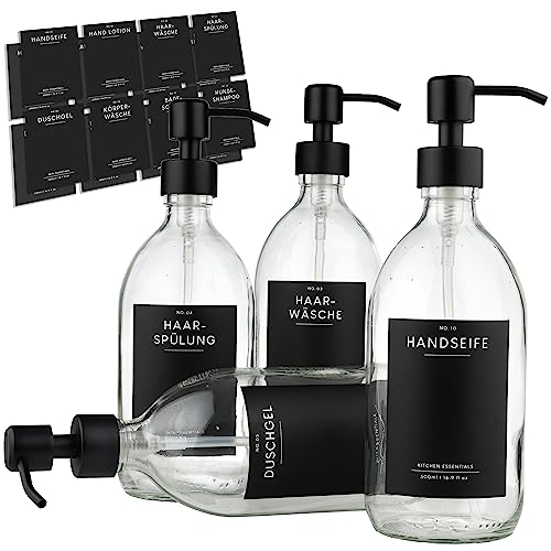 MONOKO 4er Set Seifenspender Glas - Spülmittelspender Küche - Shampoo Flaschen zum Befüllen - Duschgel Spender 500ml Transparent + Edelstahl Pumpkopf von MONOKO