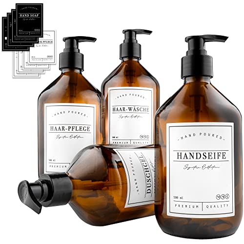 MONOKO 4er Set Seifenspender Glas Braun 500ml | Shampoo Flaschen zum Befüllen | Spülmittelspender Küche | Duschgel Spender + Aufkleber von MONOKO