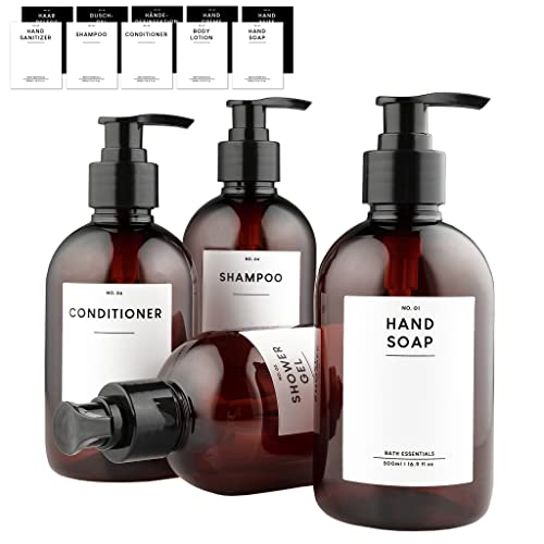 MONOKO 4er Set Seifenspender Kunststoff Braun 300ml Flasche - Plastik Shampoo Spender zum Befüllen - Pumpflasche + Aufkleber von MONOKO