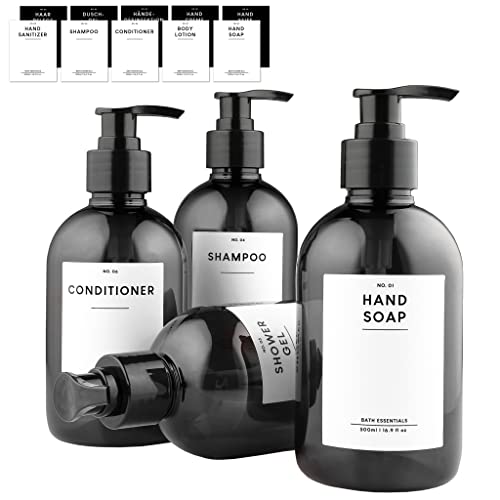 MONOKO 4er Set Seifenspender Kunststoff Schwarz 300ml Flasche - Plastik Shampoo Spender zum Befüllen - Pumpflasche + Aufkleber von MONOKO