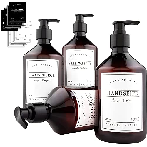 MONOKO 4er Set Seifenspender Kunststoff Braun 250ml Flasche - Plastik Shampoo Spender zum Befüllen - Pumpflasche inkl. Etiketten von MONOKO