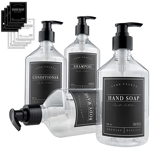 MONOKO 4er Set Seifenspender Kunststoff Transparent 250ml Flasche- Plastik Shampoo Spender zum Befüllen - Pumpflasche inkl. Etiketten von MONOKO