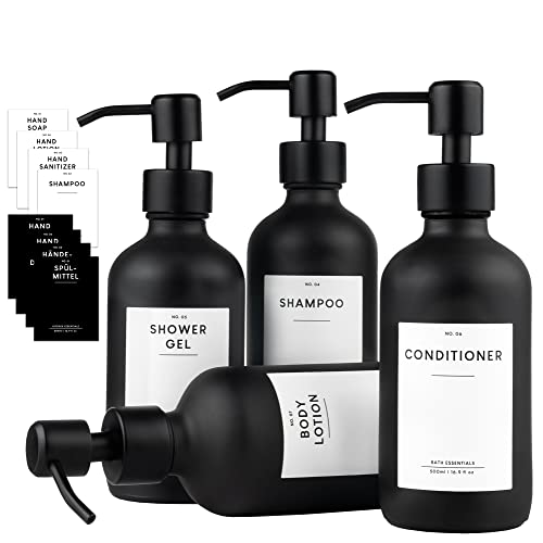 MONOKO 4er Set Seifenspender Schwarz Matt aus Glas | Shampoo Flaschen zum Befüllen | 250ml Spülmittelspender Küche | Spender Pumpkopf Edelstahl | Pumpflasche + Aufkleber von MONOKO