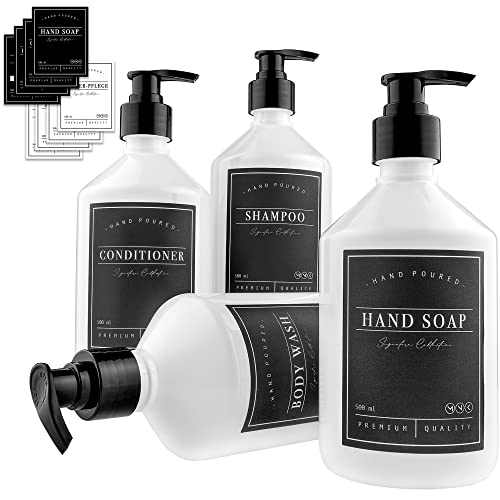 MONOKO Seifenspender aus Kunststoff, weiß, 250 ml, 4 Stück, für Küchengeschirr, Shampoospender zum Befüllen – Pumpspender + Etiketten von MONOKO