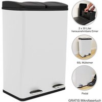 Monster Shop - Doppel Tretmülleimer Edelstahl 60 l Mülltrennsystem Mülleimer Papierkorb Abfalleimer Recycling 2 Fächer herausnehmbar Pedal Bin Weiß von MONSTER SHOP