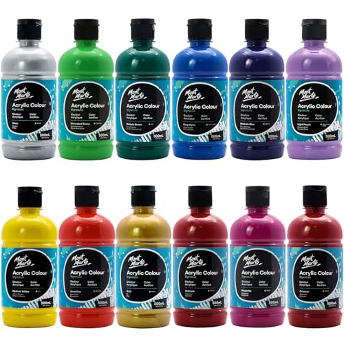 MONT MARTE Signature Acrylfarben-Set, 12 x 500 ml, seidenmatte Oberfläche, 12 lebendige Farben, geeignet für Leinwand, Holz, Stoff, Leder, Karton, Papier, MDF und Bastelarbeiten von Mont Marte