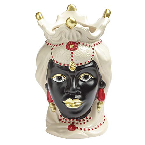 Moro Kopf aus Keramik im sizilianischen Stil, handbemalt, Blumentopf für Zimmerpflanzen, Design-Deko, italienischer Stil, Königin dunkles Gesicht, 15,5 x 15,5 x 25 cm von MONTEMAGGI