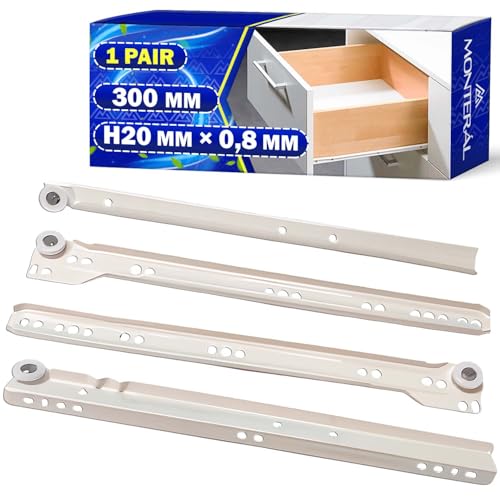 1 Paar Schubladenschienen 300mm H20 mm x 0,8 mm - Weiße Shubladenauszug Rollen Schienen Haben eine Teilausdehnung von 233 mm - Garantie 10 Jahre - MONTERAL von MONTERAL