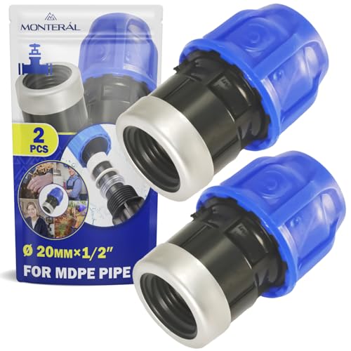 2 Stück Muffe Verschraubung Ø 20 mm x 1/2″ mit Innengewinde Verstärkt mit Verzinktem Stahlring aus Polypropylen PP Fitting für die Verbindung von Polyethylen PE Rohr - MONTERAL von MONTERAL