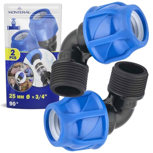 2 Stück Verschraubung Ø 25 mm x 3/4″ mit Außengewinde und Winkel 90° aus Polypropylen PP Fitting für die Verbindung von Polyethylen PE Rohr - MONTERAL von MONTERAL