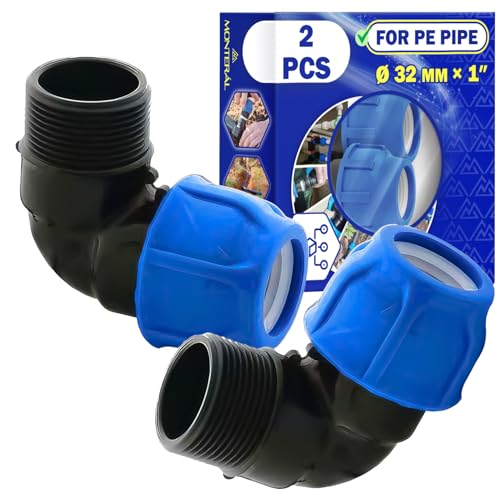 2 Stück Verschraubung Ø 32 mm x 1″ mit Außengewinde und Winkel 90° aus Polypropylen PP Fitting für die Verbindung von Polyethylen PE Rohr - MONTERAL von MONTERAL