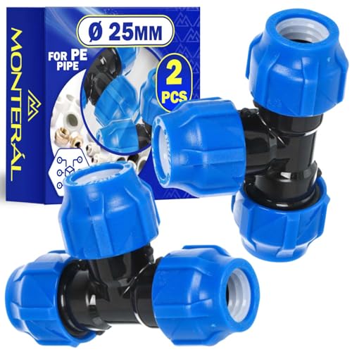 2 Stück Verschraubung T Stück Ø 25 mm mit Winkel 90° aus Polypropylen PP Fitting für die Verbindung von Polyethylen PE Rohr - MONTERAL von MONTERAL