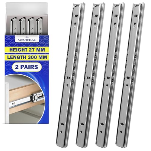 2 Paar Kugelgelagerte Schubladenschienen 300mm x H 27 mm - Teleskopische Auszugsschienen Haben eine Teilausdehnung von 212 mm - Garantie 10 Jahre - MONTERAL von MONTERAL