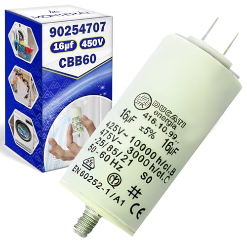 Anlaufkondensator für Waschmaschine, Ø 36 mm, mit einer maximalen Spannung von 450 V und einer Kapazität von 16 uF. MONTERAL von MONTERAL