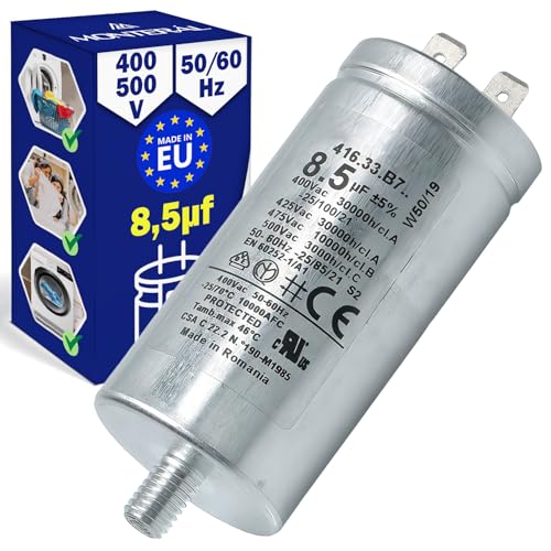 Kondensator 8,5µf für Trockner 400V - 500V 50/60Hz -25 bis +70°C Anlaufkondensator mit dem Originalcode C00258619 für Indesit 482000023051 für Whirlpool - MADE IN EU - MONTERAL von MONTERAL