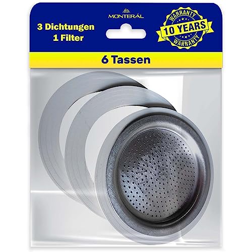 Satz mit 3 Gummidichtung und 1 Kaffeefilter Edelstahl passend für die Italienische Espressokocher für Bialetti Moka 6 Tassen Garantie 10 Jahre - MONTERAL von MONTERAL