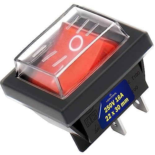 Schalter Zweipolig Rot Leuchtend und Abdeckung zum Schutz 250V 16A 22 x 30 mm Schwarzes Gehäuse Garantie 10 Jahre - MONTERAL von MONTERAL
