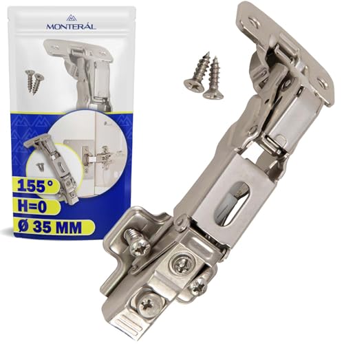 Scharnierset mit breitem Winkel für Möbel, 155°, Montageplatte H = 0 Montageloch Ø 35 mm und 2 Stück Euro-Schrauben. MONTERAL Scharnierset mit breitem Winkel für Möbel, 155°, Montageplatte H = 0 Montageloch Ø 35 mm und 2 Stück Euro-Schrauben. MONTERAL von MONTERAL