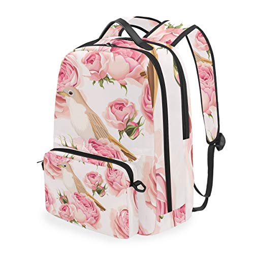MONTOJ Campus-Rucksack mit abnehmbarer Kreuztasche, Pink mit Blumen und Vögeln von MONTOJ