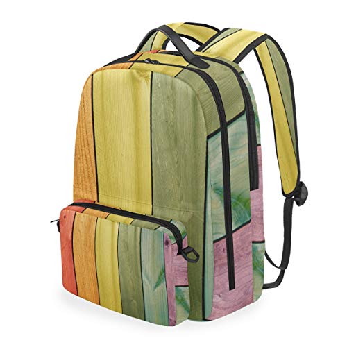 MONTOJ Campus-Rucksack mit buntem Holzboden-Muster und abnehmbarer Kreuztasche von MONTOJ