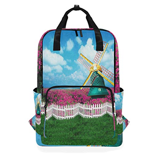 MONTOJ Reiserucksack Windmühle auf Gras Blumenfeld Bild Schulrucksack von MONTOJ