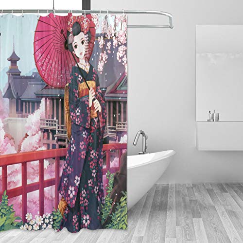 Montoj Japanisches Mädchen-Heimdekoration, Duschvorhang, Bad-Deko-Set mit Haken, 177,8 cm, langlebig und super wasserdicht, 1 Paneel, 167,6 x 182,9 cm von MONTOJ