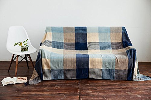 Sofaüberwurf, Möbelschutzdecke aus Chenille-Jacquard mit Fransen, mediterraner Stil, Decke für alle Jahreszeiten, Blue White Grid, 220*260CM von MONY