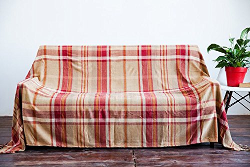 Sofa Bezüge Chenille Jacquard Quasten Überwurf Decke Sofa Stuhl Bezug Mediterraner Stil All Season Decke für Camping, Red grid, 150*190CM von MONY