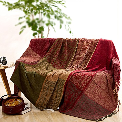 Sofa Bezüge Chenille Jacquard Quasten Überwurf Decke Sofa Stuhl Bezug Mediterraner Stil All Season Decke für Camping, rot / grün, 220*260CM von MONY