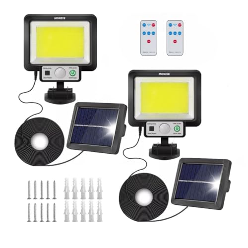 MONZER Solarstrahler für den Außenbereich, mit Bewegungsmelder, leistungsstarke Solarleuchte, USB-Ladegerät, weißes Solarlicht, 6000 K, mit Fernbedienung für Garten, Garage (Modell 117 LEDs (Lot mit 2 von MONZER