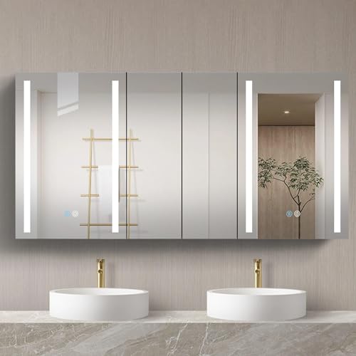 MOODHOOD 60x30 Inch LED Bathroom Cabinet Mount Double Door Lighted Cabinet, Cabinets Compatible with Bathroom with Mirror Defogging, Dimmer Black ， für Badezimmer von MOODHOOD