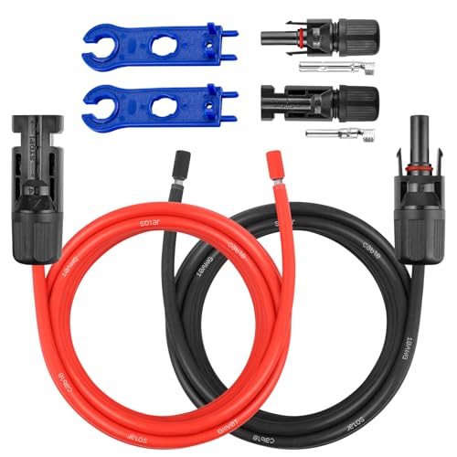 10 AWG Solar-Verlängerungskabel – 3 m Solarkabel mit wasserdichter Buchse und Stecker und Solarmodul-Adapter-Set, Werkzeug, PV-Kabel für Wohnmobil, Zuhause, Boot, Solarmodule (3 m rot + 3 m schwarz) von MOOKEERF