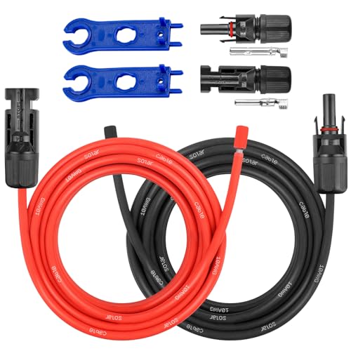 10 AWG Solar-Verlängerungskabel – 6,1 m Solarkabel mit wasserdichter Buchse und Stecker und Solarmodul-Adapter-Set, Werkzeug, PV-Kabel für Wohnmobil, Zuhause, Boot, Solarmodule (6 m rot + 6 m schwarz) von MOOKEERF