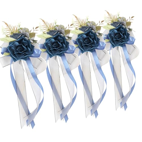 MOONDAME Set mit 4 Hochzeitsauto-Simulationsblumen-Verzierungen, elegante Braut-Auto-Dekoration, Seidenschleife, Blumen-Gläser, Verzierung von MOONDAME