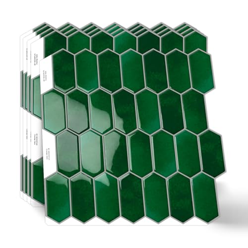 Lange Sechseck Fliesenaufkleber,10 Blätter 3D Selbstklebende Fliesen Klebefliesen 30.5x30.5cm für Küche Badezimmer Wandfliesen(Smaragdgrün) von MOONFUN