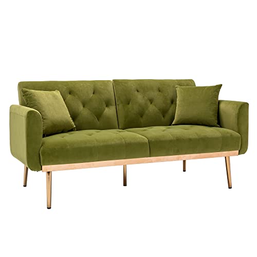 MOONMISS Sofa mit schlaffunktion Samt Schlafsofa Verstellbarer und klappbar modernen Couch 2-Sitzer Klappsofa Relaxsessel mit 2 Kissen für Wohnzimmer & Schlafzimmer, Einfache Montage, Olive Grün von MOONMISS