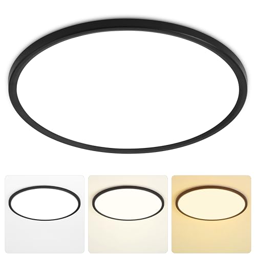 MOONSEA 46W LED Deckenleuchte, 3 Farben 3000K/4000K/6500K Deckenlampe, Ultra Dünn Deckenleuchte Flach Schwarz für Wohnzimmer Schlafzimmer Küche Esszimmer Büro, Ø49cm von MOONSEA