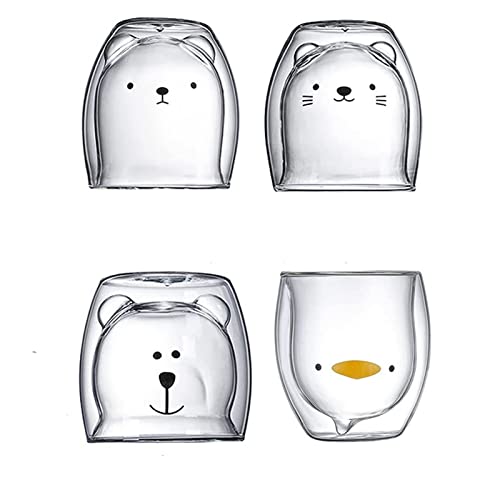 MOOVGTP 4pcs Transparente niedliche Bärentassen, Doppelwandige Kaffeegläser Bär Ente Katze Teetasse für Büro und persönlichen Geburtstag von MOOVGTP