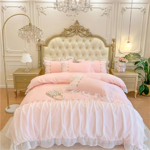 MOOWOO Pink Bedding Bettwäsche-Set mit romantischem Rüschen, Spitze, 2-teilig, Bettdeckenbezug mit Reißverschluss, kokett, Raumdekoration, Rosa, Doppelbett von MOOWOO