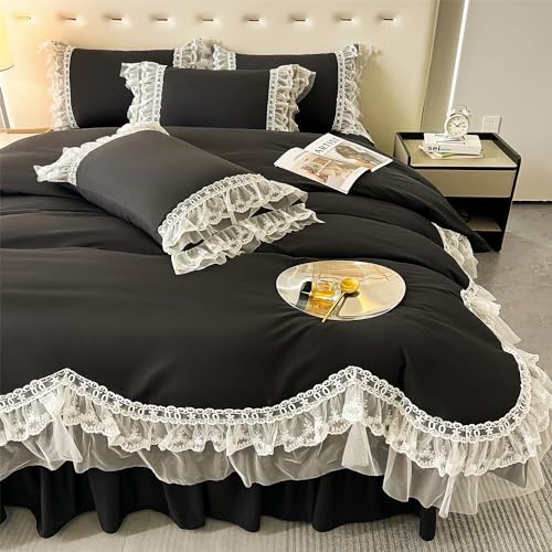MOOWOO Schickes Bettwäsche-Set mit Rüschenspitze, Polyester, Rot, 3-teilig, Queensize-Bettbezug mit Reißverschluss, ultraweich und leicht (schwarz, voll) von MOOWOO