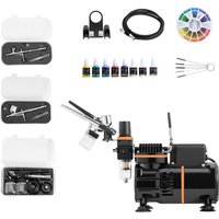 Mophorn Airbrush-Set 1/6 PS mit Luftkompressor, 3 Dual-Action-Pistolen mit Düsen (0,3/0,3/0,8 mm), Schlauch, Acrylfarben und 2 Ventilatoren, ideal von MOPHORN