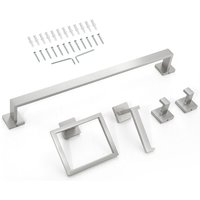 Mophorn Badezimmer Hardware Zubehör Set aus Edelstahl 304 (5-teilig) mit Handtuchstange, Handtuchhalter (quadratischer Ring), 2 Haken und von MOPHORN